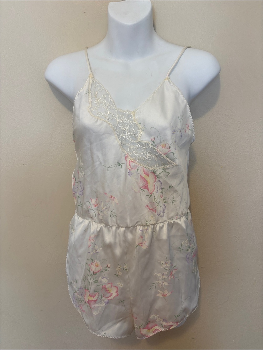 Nicole Cream Satin Floral Lace-Trim Chemise Romper